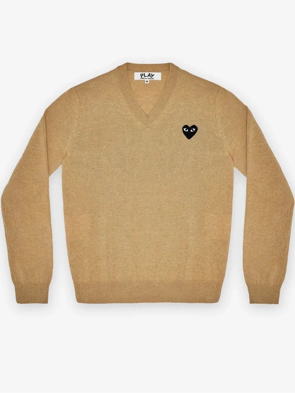 Play Comme Des Garcons Sweater Mens Medium Camel Heart-Patch Wool Knit V Neck